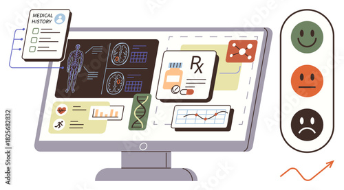 Computer screen displaying medical history, DNA analysis, prescription data, health statistics, and charts. Ideal for healthcare, technology, innovation, data analysis patient care diagnostics