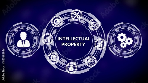 Digital graphic of intellectual property concept with icons and HUD elements on blue background copyright