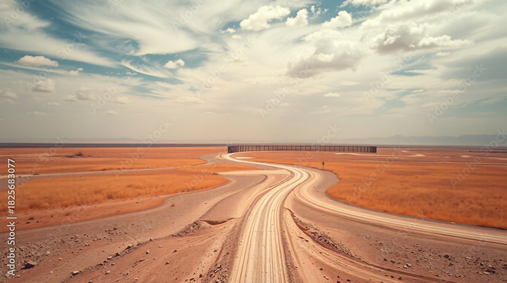Fototapeta premium Winding dirt road with tire tracks leading through a vast, arid desert landscape with dry grass towards a distant fence under a dramatic cloudy sky