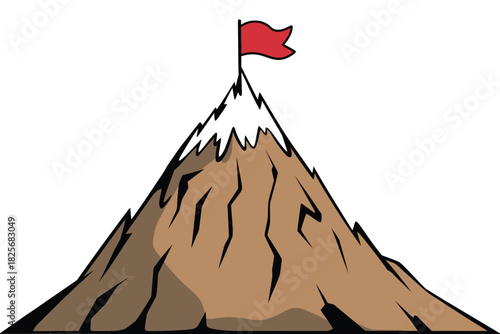 Mountain peak with flag on the summit, representing business strategy, leadership, planning, challenges, goal achievement, success, mission accomplished, teamwork, motivation, and vector cartoon 