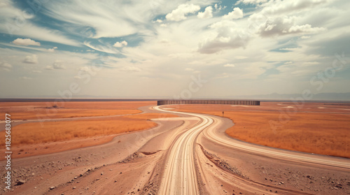 Winding dirt road with tire tracks leading through a vast, arid desert landscape with dry grass towards a distant fence under a dramatic cloudy sky