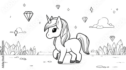 Cute magical unicorn walking amidst sparkling diamonds and crystals, enchanting fantasy line art illustration for a children's coloring page.