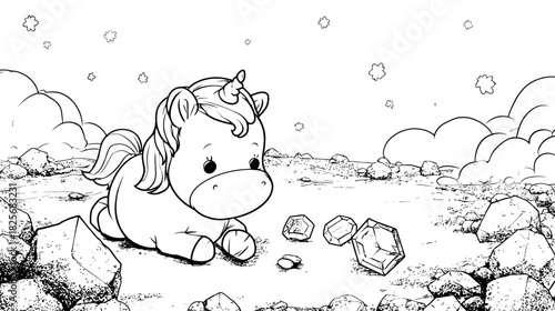 Adorable baby unicorn playing with sparkling crystals in a magical land, black and white line art for a fantasy coloring book page.