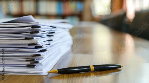 Close-up of stacks documents and pen on wooden desk