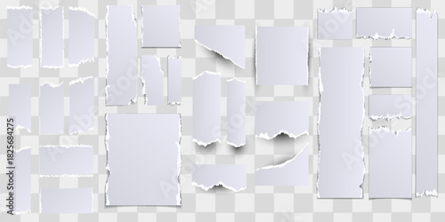 White realistic torn or ripped paper strip collection with grunge edges. Torn notebook page or scrap note with damaged border.