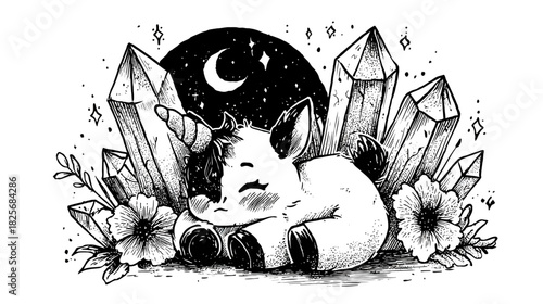 Whimsical sleeping baby unicorn illustration with magical crystals, flowers, crescent moon, and stars in a peaceful fantasy night