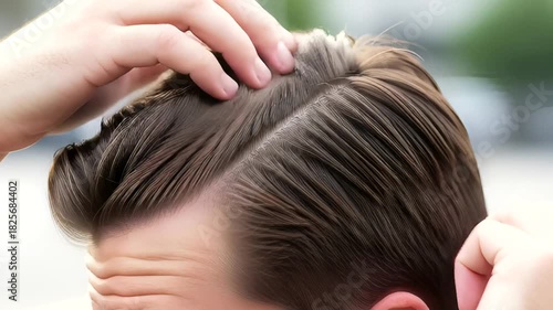 Close-up of a person styling their hair outdoors with a blurred background