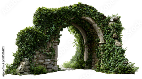 A traditional stone archway leading into an old village square, covered in climbing ivy, isolated on a Transparent background