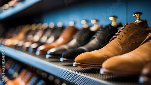 Elegant leather shoes displayed on shelf provide luxury and style appeal