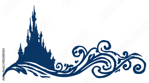 Whimsical Fairytale Castle Silhouette with Elegant Swirl Ornament Vector. Decorative Fantasy Design Element.
