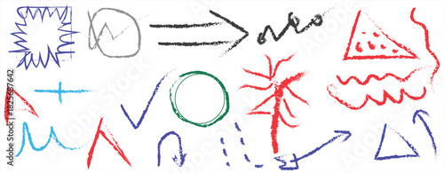 Colorful abstract hand-drawn scribble and doodle symbols set featuring playful arrows, zigzag lines, sketchy geometric shapes and expressive artistic marker strokes for creative design use
