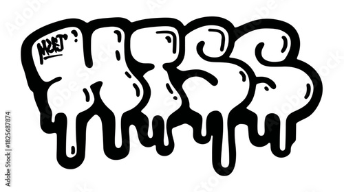 HISS word in bold graffiti bubble letter style with paint drips, a black and white urban street art illustration.