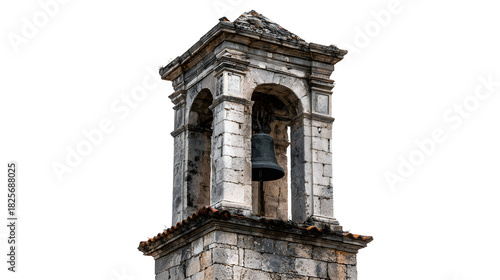 A traditional village church bell tower reaching skyward, its ancient stone weathered by time, isolated on a Transparent background