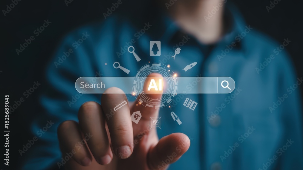 Fototapeta premium Human finger interacts with illuminated digital interface displaying artificial intelligence search function