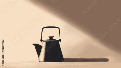 Dark Metal Teakettle with Dramatic Long Shadow on Warm Minimalist Background