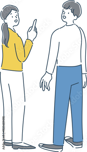 笑顔で会話をしている女性と男性の全身のイラスト素材