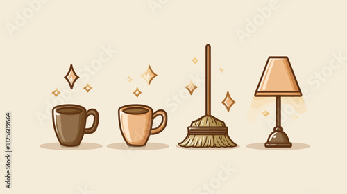 Cozy minimalist home essentials vector illustration. Set of two coffee cups, a broom, and a table lamp in a warm, simple style.
