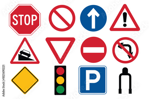Traffic signs vector set featuring road safety symbols, including stop, yield, parking, warning, prohibition, one way, no entry, traffic lights, caution signs, driving instruction icons, printable des