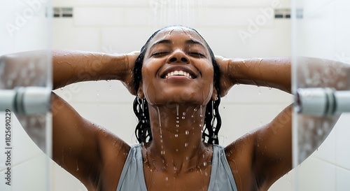Woman enjoying refreshing shower smiling with pleasure and relaxation in bathroom