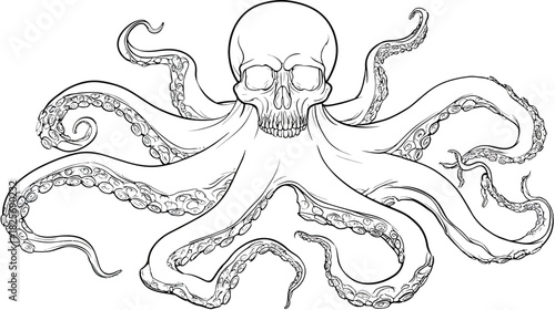 Skull Octopus Line Art Illustration. Dark Fantasy Marine Creature with Human Skull Head and Detailed Tentacles. Monochrome Vector Design.