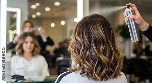 Woman getting hair styled at salon with highlights and hairspray