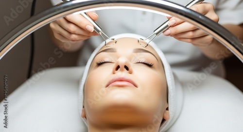 Woman receiving facial treatment with metal rollers for skin rejuvenation