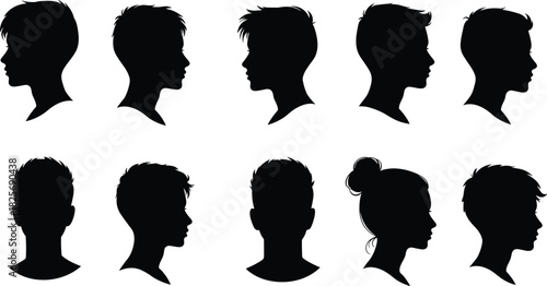 Set of male and female head silhouettes, diverse profile avatar vector illustration, black human face icons for social media, identity, design templates