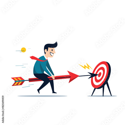A cheerful businessman confidently rides a large red arrow straight into the bullseye of a target, symbolizing direct achievement, ambition, and business success.
