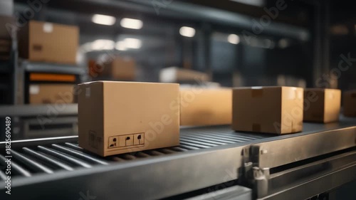 Efficient warehouse conveyor belt with packages ready for shipping in a modern logistics facility