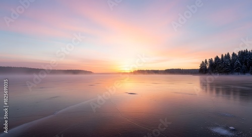 Wallpaper Mural Breathtaking Sunset Over a Tranquil Lake in Winter, Creating a Serene and Scenic Vista Background Torontodigital.ca