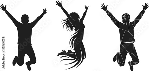 Silhouettes of joyous people jumping, celebrating success, freedom, and happiness in a dynamic, energetic, and expressive style, perfect for motivational concepts