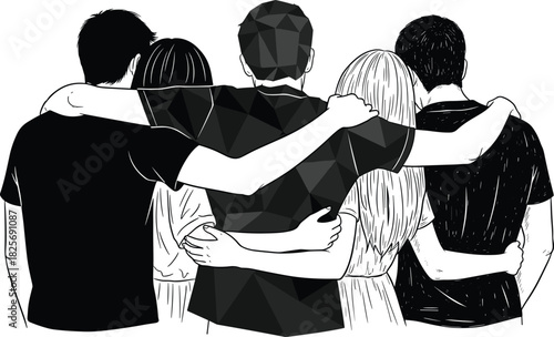Group of diverse friends standing together unity silhouette, young people embracing bonding support partnership teamwork, rear view outline vector black and white graphic