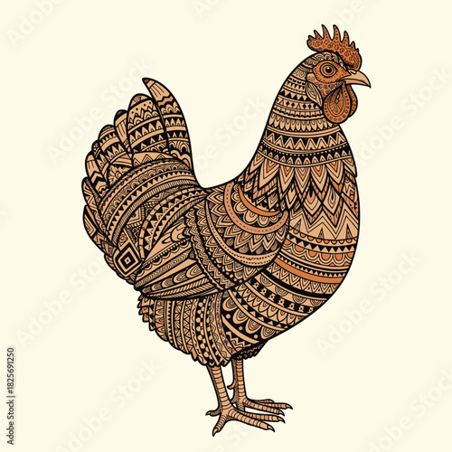 Beautifully detailed hen illustration with intricate patterns reminiscent of zentangle or ethnic folk art, presented on a simple cream background.