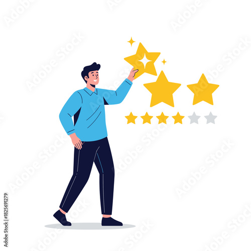 Man placing a sparkling golden star into a 5-star review system, symbolizing high rating, positive feedback, and excellent customer satisfaction.