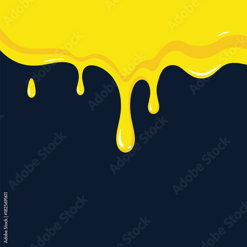 Vibrant yellow liquid, resembling honey or paint, drips smoothly with visible drops against a dark contrasting background, creating a dynamic graphic.
