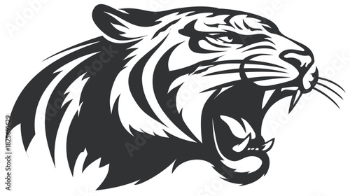 Powerful roaring tiger head illustration. Aggressive wild animal mascot graphic, fierce predatory feline symbol in black and white.