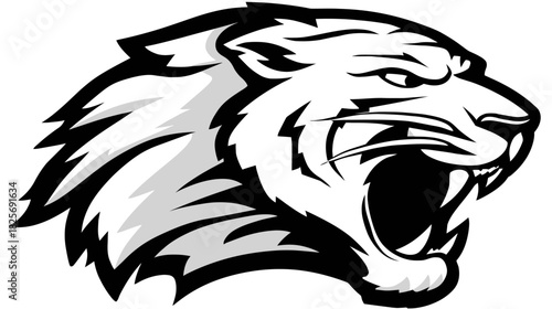 Fierce Roaring Tiger Head Illustration in Black and White, Powerful Wildcat Mascot Design Vector Art