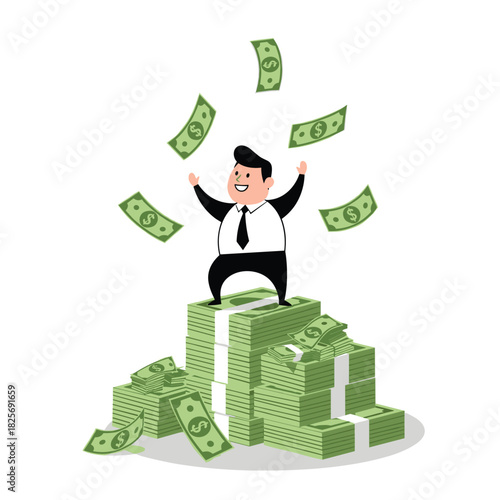 A happy businessman stands triumphantly on a large stack of money as dollar bills rain down, symbolizing financial success and abundance.