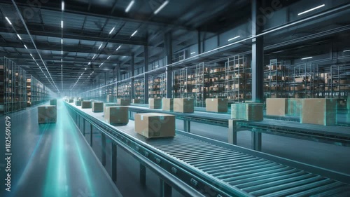 Futuristic warehouse with automated conveyor system and packages, showcasing modern logistics technology