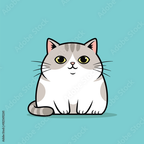 A charming, chubby, grey and white cartoon cat with bright yellow eyes is sitting happily and looking at the viewer on a simple teal background.