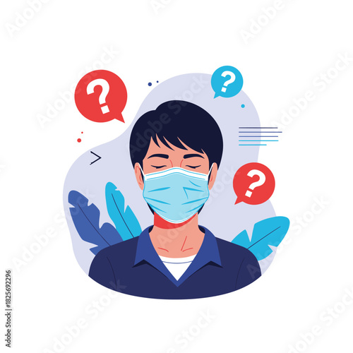 A person wearing a blue medical face mask has their eyes closed in thought, surrounded by question marks, symbolizing health uncertainty and contemplation.