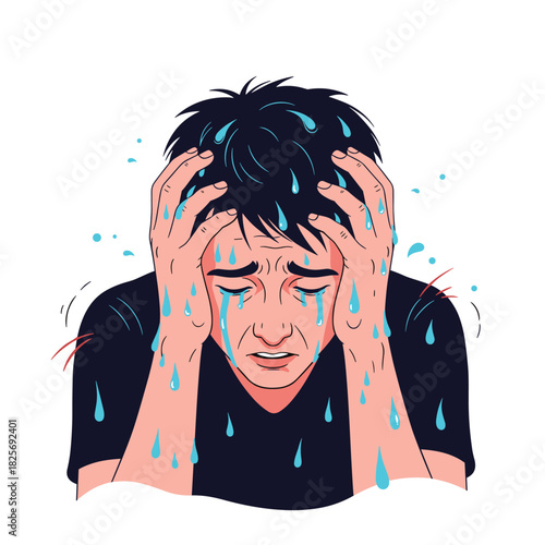 A man in profound emotional distress holds his head, crying and sweating profusely, symbolizing overwhelming stress or a mental breakdown.