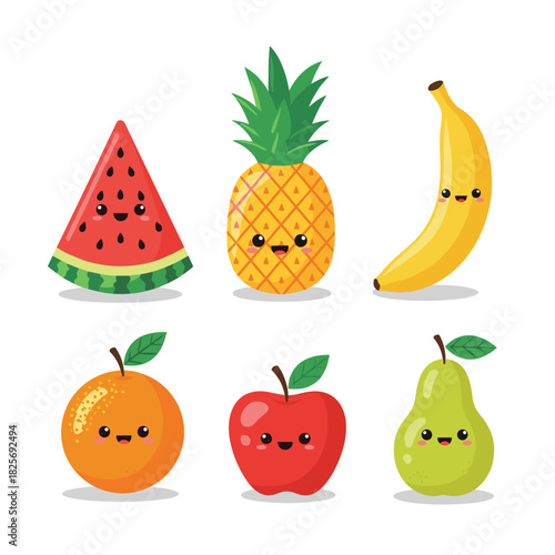 A delightful collection of six smiling cartoon fruits, including watermelon, pineapple, banana, orange, apple, and pear, isolated on white.