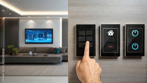 Smart Home Future UI Modern living room with smart controls and a hand interacting with digital buttons.