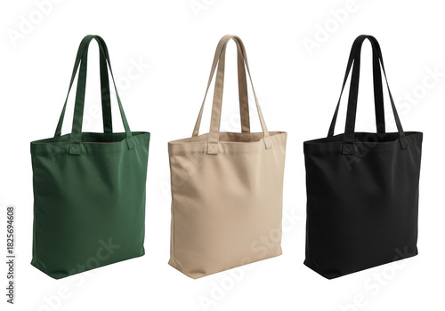 Three blank tote bags in different colors isolated on transparent background