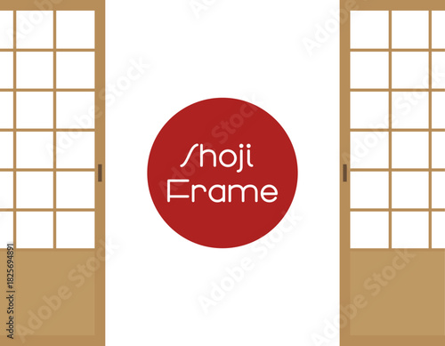 左右に開いた日本の障子と和室の入り口　コピースペースのある和風フレームのイラスト