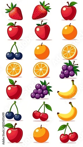 Bold-outline fruit clipart set featuring strawberries, blueberries, apples, oranges, grapes, cherries, bananas, and tropical pieces. Clean vector icons for packaging, labels, juice branding, stickers,