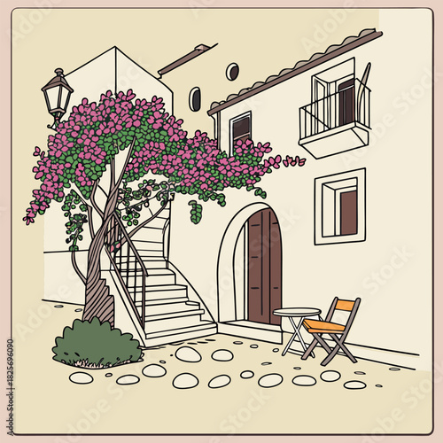 Hand Drawn Mediterranean Alley with Bougainvillea, Stairs, and House Architecture.