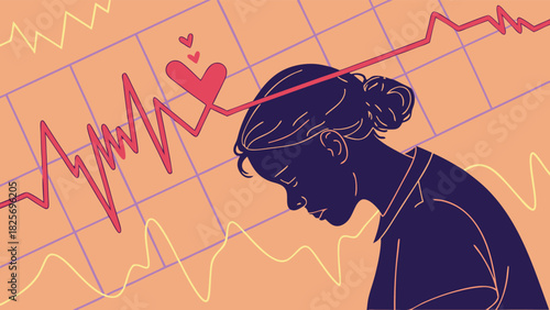 Emotional Health Vector: Woman with Sadness and Love Heartbeat Pulse Graph.