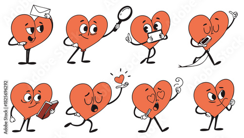 Heart Character Mascot Vector Set: Love Emotions, Reading, Searching, and Tech Activities.